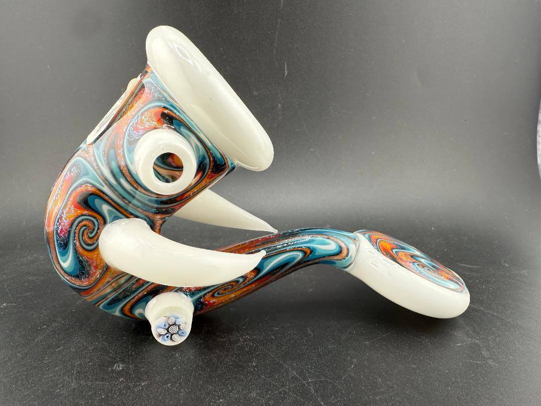 Crondo Glass Sherlock Pipe - Fire And Ice Wig Wag w/ White Horns & Accents displayed on a black background.