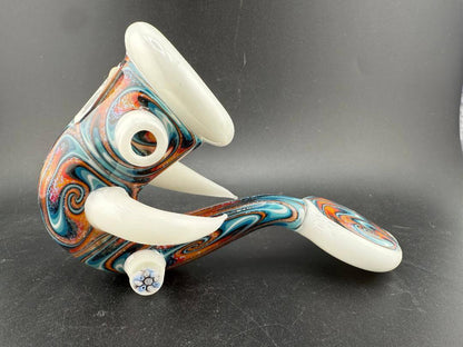 Crondo Glass Sherlock Pipe - Fire And Ice Wig Wag w/ White Horns & Accents displayed on a black background.