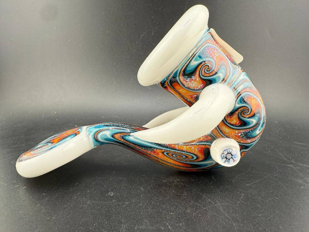 Crondo Glass Sherlock Pipe - Fire And Ice Wig Wag w/ White Horns & Accents side view showcasing unique design and colors.