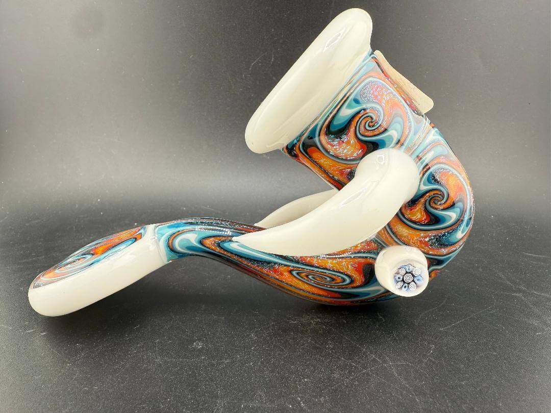 Crondo Glass Sherlock Pipe - Fire And Ice Wig Wag w/ White Horns & Accents side view showcasing unique design and colors.