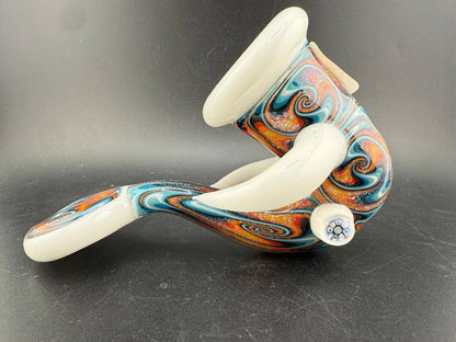 Crondo Glass Sherlock Pipe - Fire And Ice Wig Wag w/ White Horns & Accents side view showcasing unique design and colors.