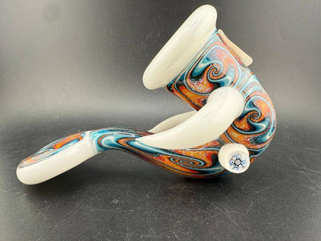 Crondo Glass Sherlock Pipe - Fire And Ice Wig Wag w/ White Horns & Accents side view showcasing unique design and colors.