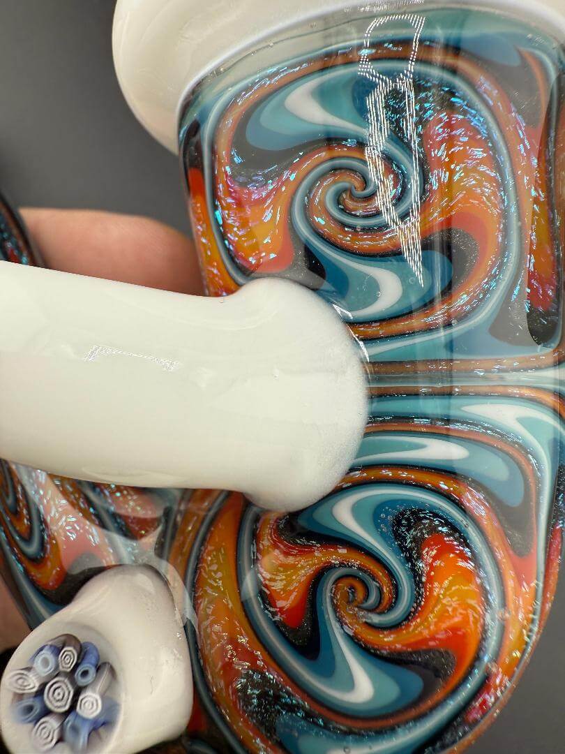 Crondo Glass Sherlock Pipe - Fire And Ice Wig Wag w/ White Horns & Accents close-up showing vibrant colors and unique design.