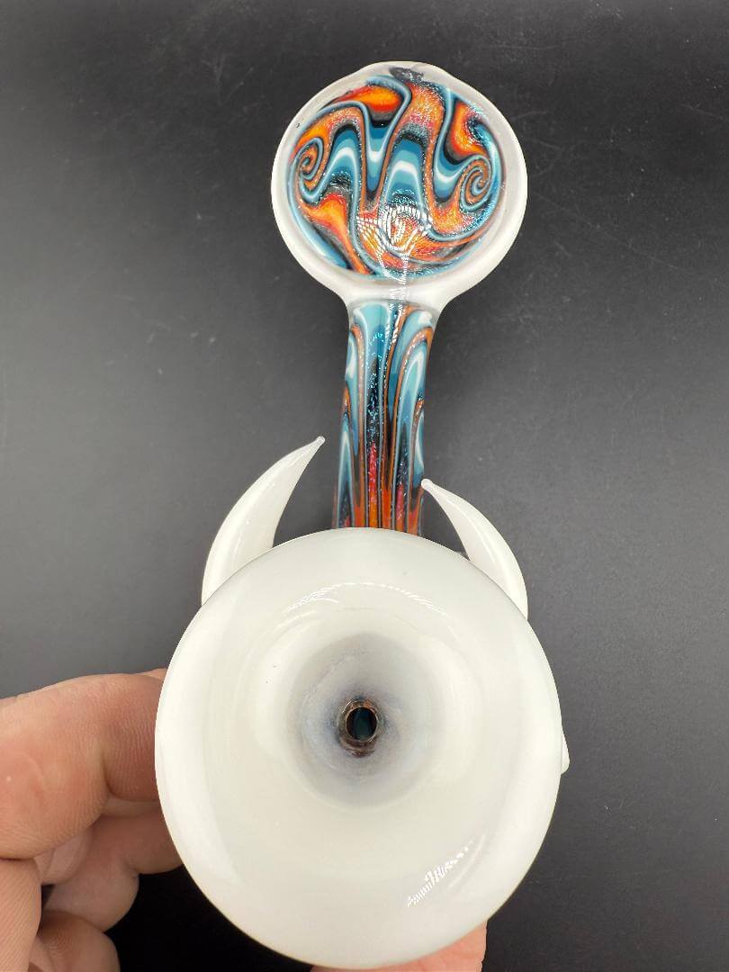 Crondo Glass Sherlock Pipe - Fire And Ice Wig Wag w/ White Horns & Accents showcasing vibrant colors and unique design.
