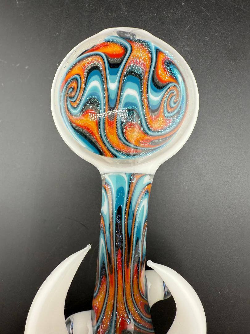 Crondo Glass Sherlock Pipe - Fire And Ice Wig Wag w/ White Horns & Accents showcasing vibrant swirl patterns and sculpted design.