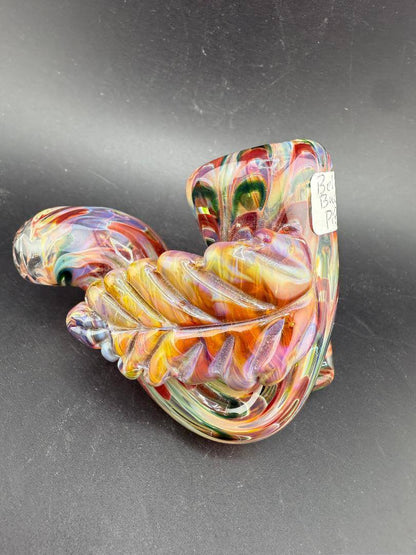 Crondo Glass Sherlock Pipe - Green, Amber & Red w/ Leaf Attachment Belt Buckle, vibrant glass design, artistic collectible.