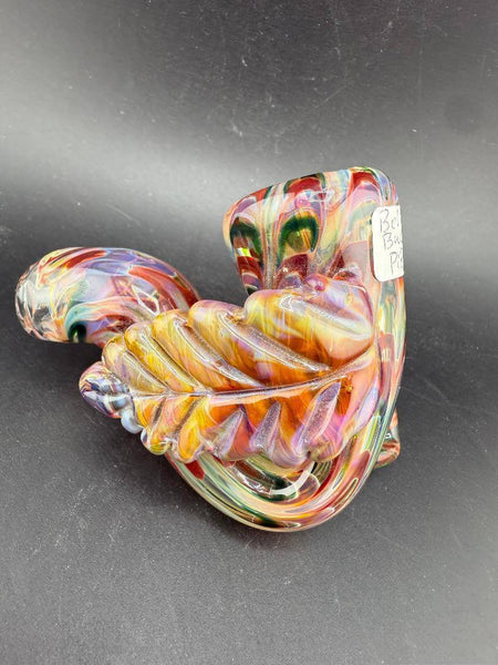Crondo Glass Sherlock Pipe - Green, Amber & Red w/ Leaf Attachment Belt Buckle, vibrant glass design, artistic collectible.