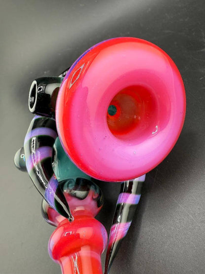 Crondo Glass Sherlock Pipe - Hotpink & Teal w/ Eyeball, Line Worked Horns & Sculpting close-up view