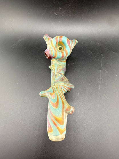 Crondo Glass Sherlock Pipe - Wood Tech Branch featuring a colorful swirl design and detailed branch shape.