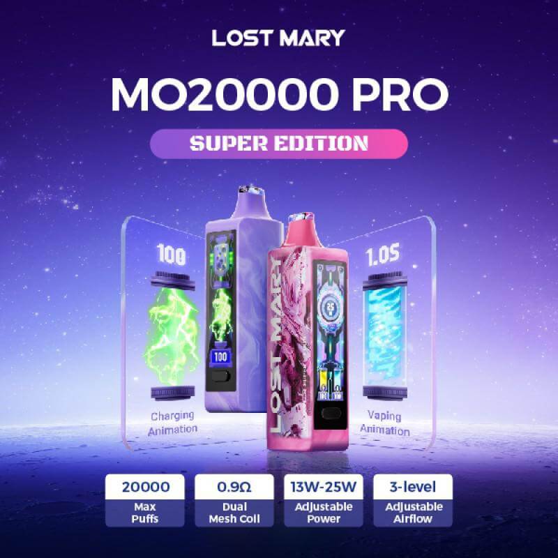 Lost Mary MO20000 Pro Super Edition vape with features like adjustable power and airflow.