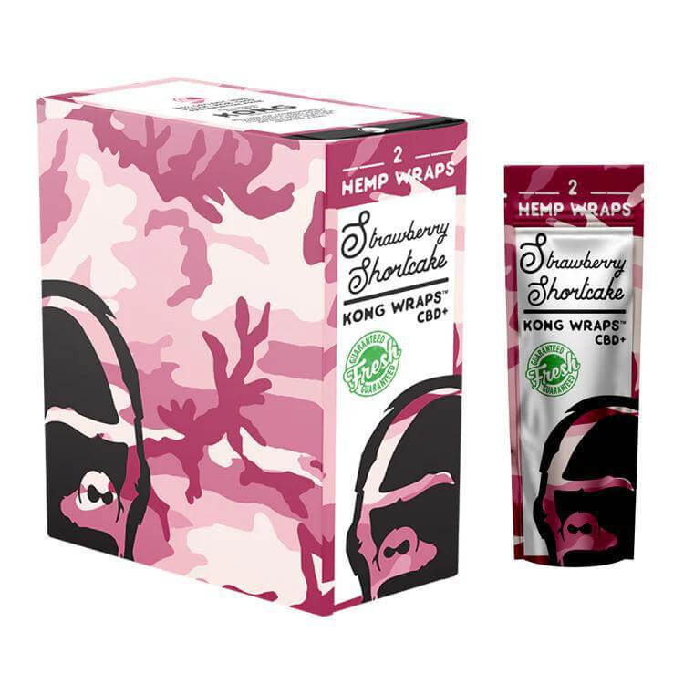 Kong Wraps Hemp Wraps 2pcs Strawberry Shortcake flavor in a vibrant box and pouch, premium tobacco-free smoking alternative.