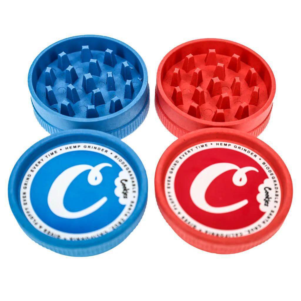 Santa Cruz Cookies 2pc hemp grinder in blue and red, biodegradable and eco-friendly design for cannabis enthusiasts.