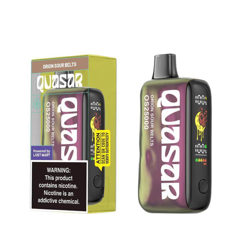 Quasar OS25000 disposable vape with Orion Sour Belts flavor packaging, showcasing vibrant design and nicotine warning.