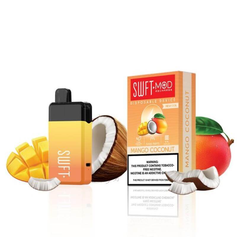 SWFT Mod 5k Disposable Vape with Mango Coconut flavor, showcasing mango, coconut, and packaging.