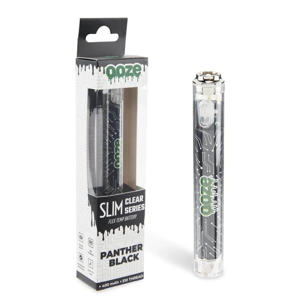 Ooze Slim Clear Series Panther Black 510 vape battery in transparent design, retro packaging showcasing advanced features.