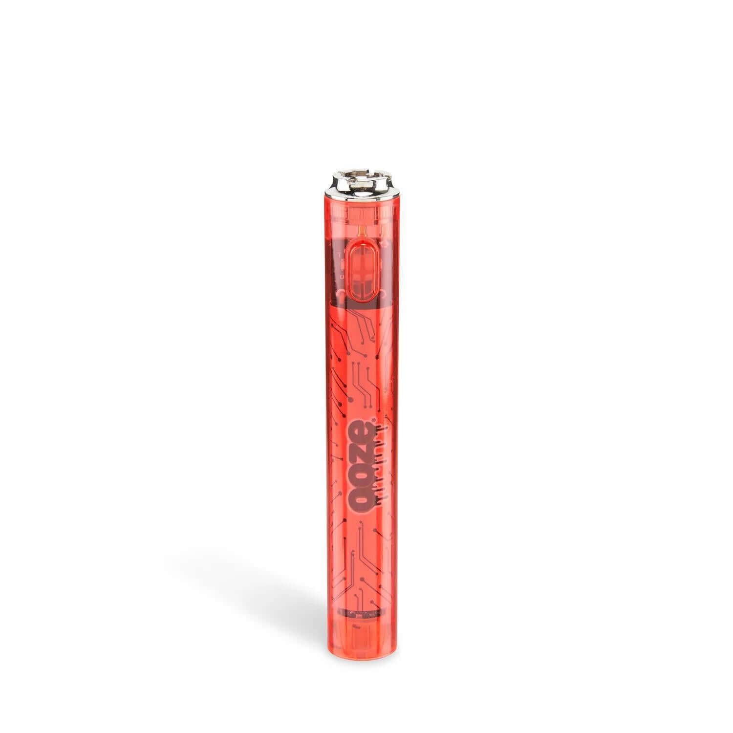 Ooze Slim Clear Series 510 Cart Battery in transparent red, retro-inspired design for a superior vaping experience.