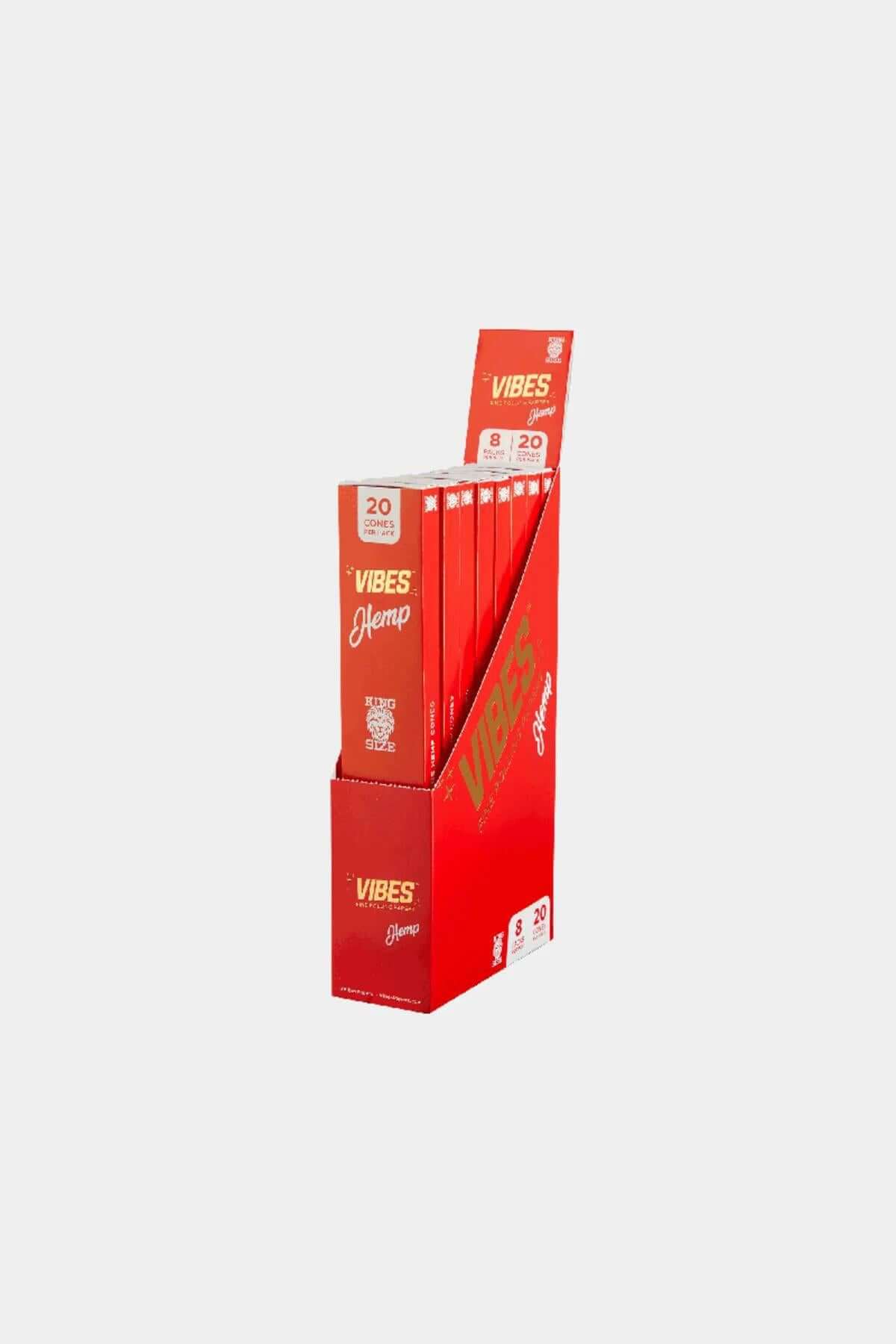 Vibes King Size Cones 20 Pack display showcasing rice and organic hemp options for premium smoking.