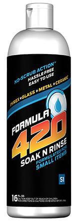 Formula 420 Soak N Rinse Cleaner bottle, hassle-free cleaning for glass, metal, Pyrex, and ceramic items.