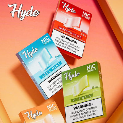 Hyde NIC Strips flavor options including Watermelon Ice, Cool Mint, and Citrus in colorful packaging.