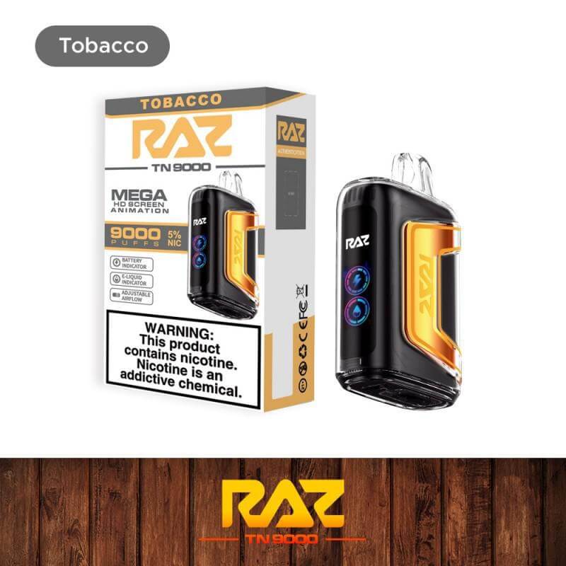 Raz TN9000 disposable nicotine vape with box and warning label, featuring 12mL e-liquid and 5% nicotine strength.