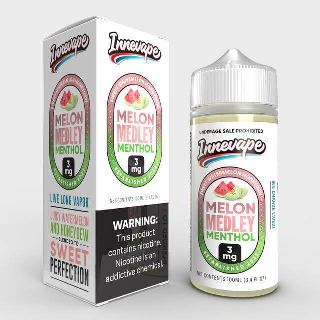 Innevape 100ml Melon Medley Menthol e-liquid with watermelon and honeydew flavors, designed for vapers seeking a refreshing taste.