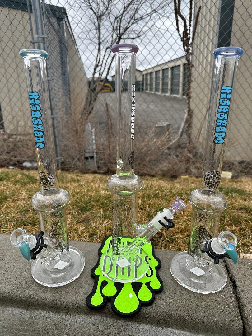 HighGrade Glass Flower Straight Tube - Sacred Geometry Bake On w/ Colored Accents 14mm 45°