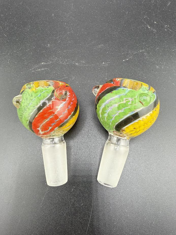 14mm colored line bowl set with vibrant swirling patterns in red, green, yellow, and black on a black background.
