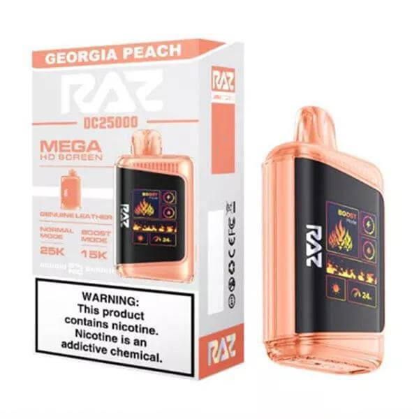 Raz 25 Disposable Nicotine Vape featuring Georgia Peach flavor and Mega HD screen with warning label.