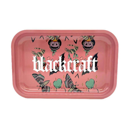 Blackcraft Cult small rolling tray with pink background and intricate butterfly designs, perfect for smokers.