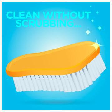 Illustration of a cleaning brush emphasizing hassle-free cleaning without scrubbing, on a bright blue background.