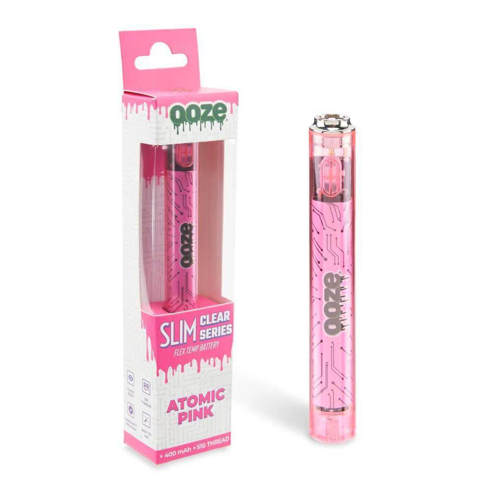 Ooze Slim Clear Series Atomic Pink 510 Vape Battery with retro design and transparent casing for optimal vaping performance.