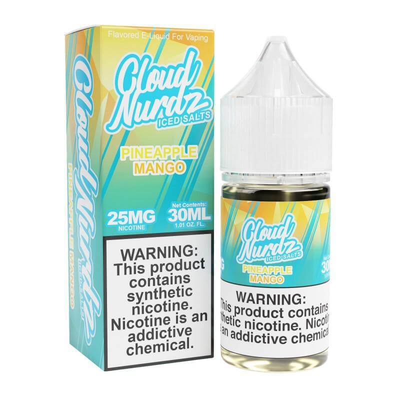 Cloud Nurdz Iced Pineapple Mango e-liquid 30ml bottle with synthetic nicotine warning.