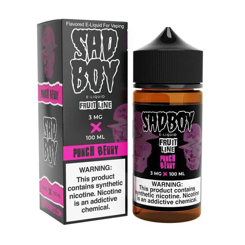 Sad Boy Punch Berry e-liquid bottle and box, 100ml, with bold flavors for sub-ohm vaping experiences.