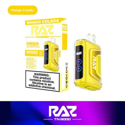 Raz TN9000 Mango Colada Disposable Vape with 12mL e-liquid and 5% nicotine for powerful vaping experience.