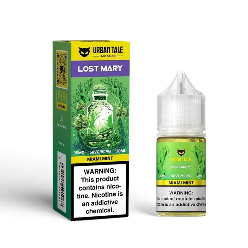 Urban Tale Lost Mary Salt Nic - Miami Mint e-liquid with 35mg nicotine for smooth vaping experience.