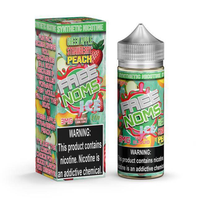 Noms Ice 120ml e-juice bottle with green apple, strawberry, and peach flavors, featuring warning label about nicotine.