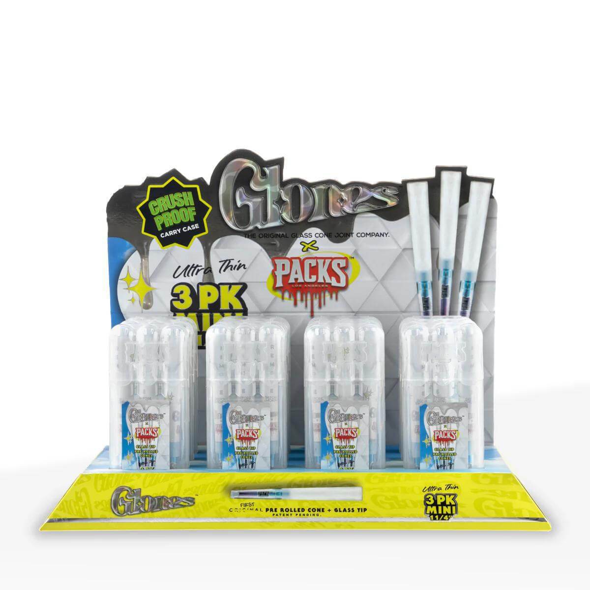 Glones x Packs ultra-thin pre-rolled cones display with glass tips, 3-pack mini set, crush-proof carry case.