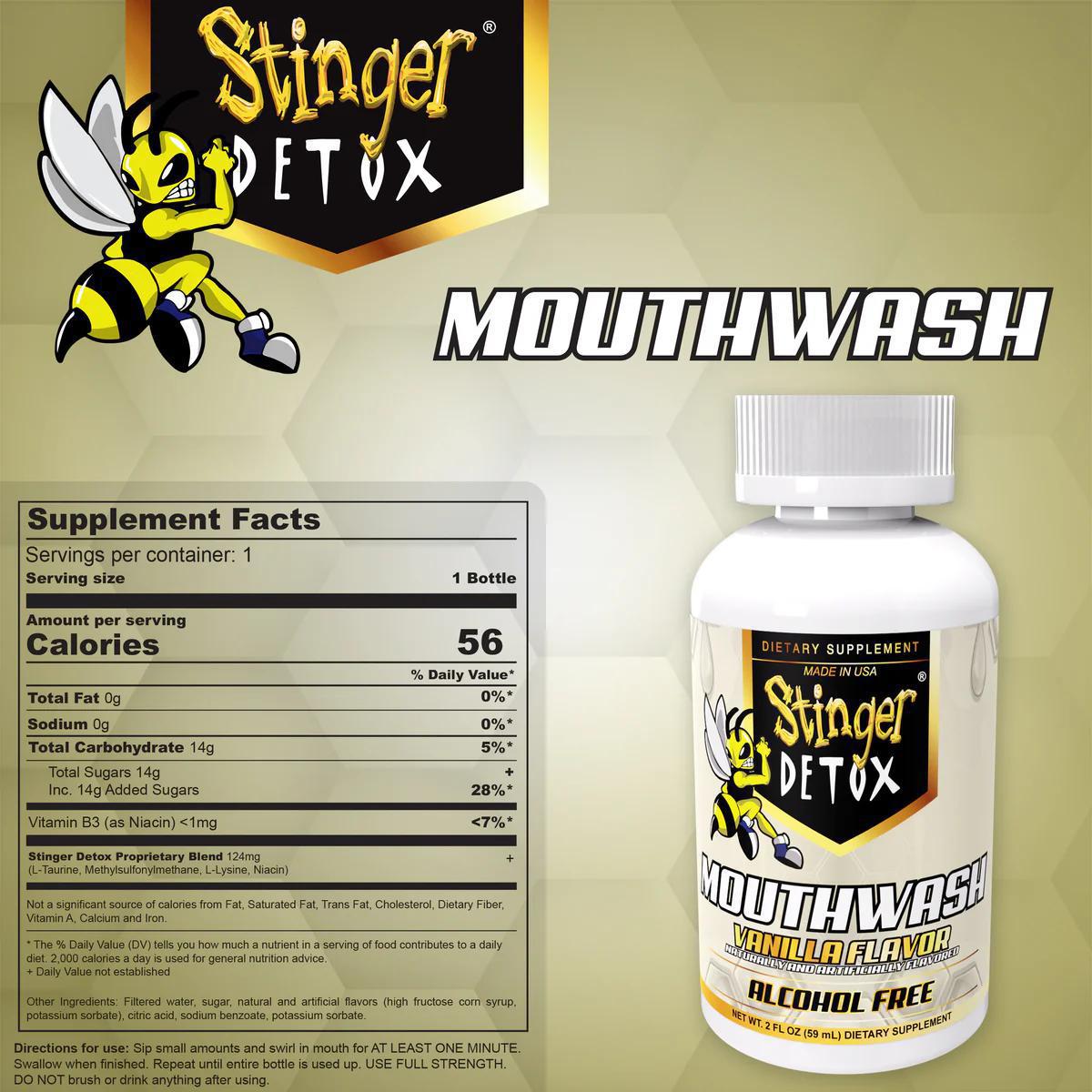 Stinger Detox Mouthwash bottle with vanilla flavor and alcohol-free label, designed for a natural mouth cleanse.