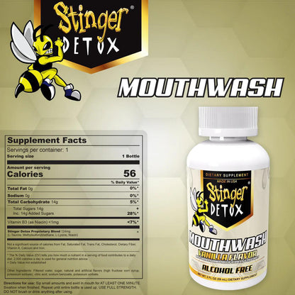 Stinger Detox Mouthwash bottle with vanilla flavor and alcohol-free label, designed for a natural mouth cleanse.