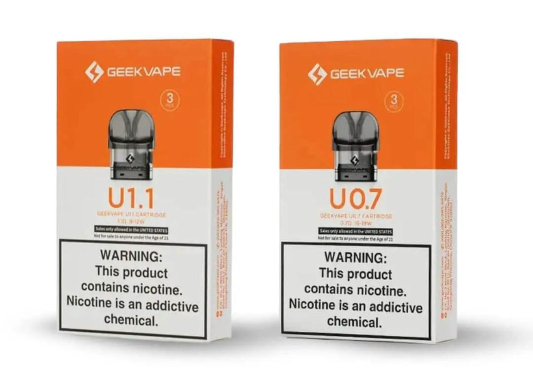 GeekVape U Series Pods U1.1 and U0.7 packaging with nicotine warnings, ideal for smooth vaping.