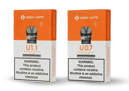 GeekVape U Series Pods U1.1 and U0.7 packaging with nicotine warnings, ideal for smooth vaping.