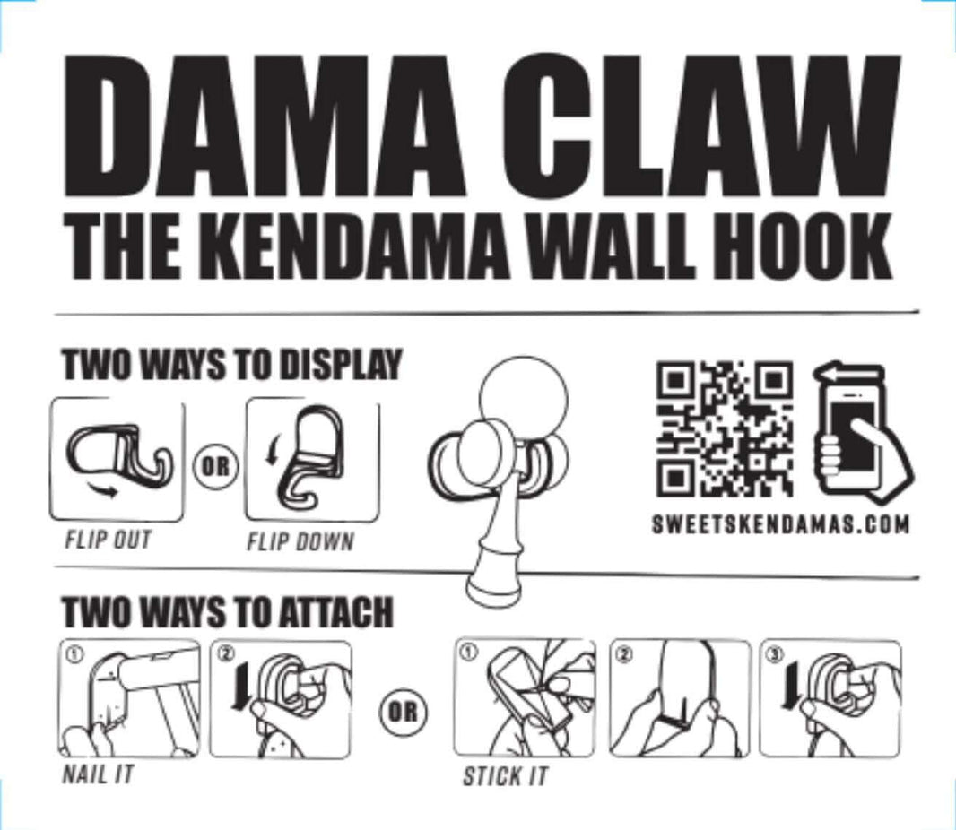 Instructional diagram for Dama Claw kendama wall hook showing display and attachment options.