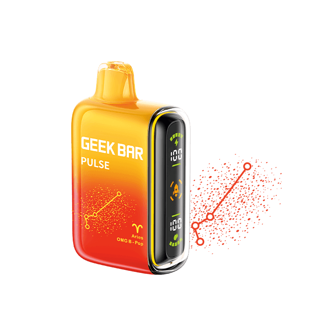 Geek Bar Pulse Zodiac Edition disposable vape in orange and yellow with digital display and cosmic graphics.