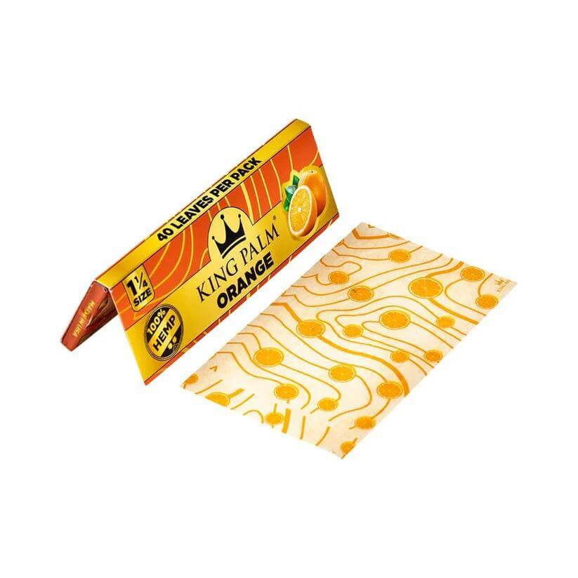 King Palm orange flavored hemp rolling papers, 1 1/4 size with vibrant design, 40 leaves per pack, eco-friendly smoking option.