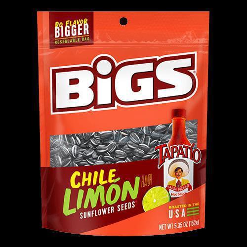 Bags of Bigs Chile Limon Sunflower Seeds, 5.35 oz, flavorful snack with resealable packaging.