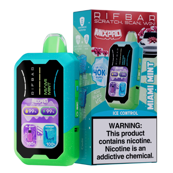 RIFBAR MIXPRO Disposable Vape in Miami Mint flavor, featuring vibrant packaging, up to 40,000 puffs, and nicotine warning.