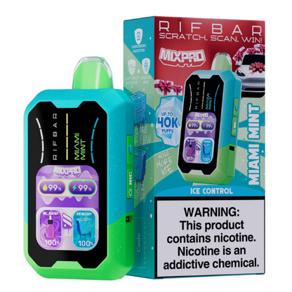 RIFBAR MIXPRO Disposable Vape in Miami Mint flavor, featuring vibrant packaging, up to 40,000 puffs, and nicotine warning.