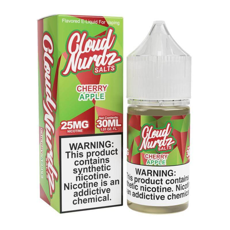 Cloud NURDZ Salt Nicotine 30ml Cherry Apple flavor with 25mg nicotine, premium e-liquid for a smooth vape experience.