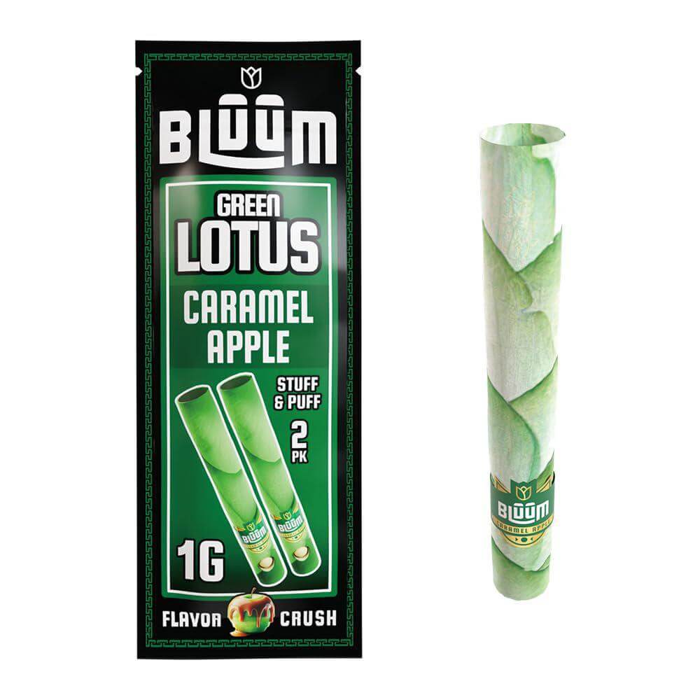 Bluum Cones packaging and Caramel Apple flavored rolled cone, crafted with green lotus leaves for a flavorful experience.