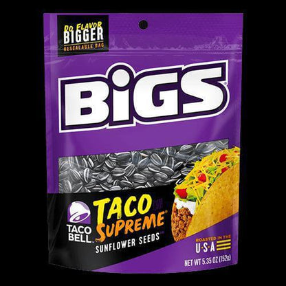 Bigs Taco Supreme Sunflower Seeds 5.35 oz pack with taco graphic, resealable for freshness and bold flavor.